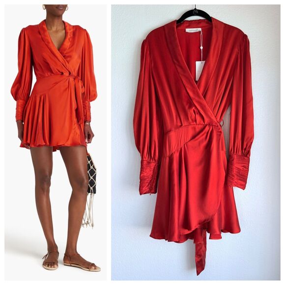 NWT Flawed Zimmermann Washed-Silk Mini Wrap Dress in Rust Red